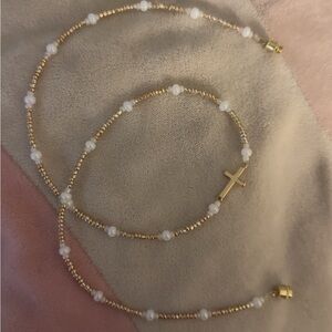 Handmade Elegant Gold and White Waterproof Beaded Cross Pearl Necklace